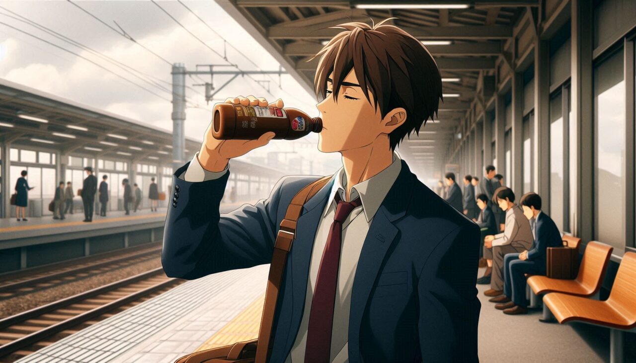 駅のホームでオロナミンCを飲むサラリーマン