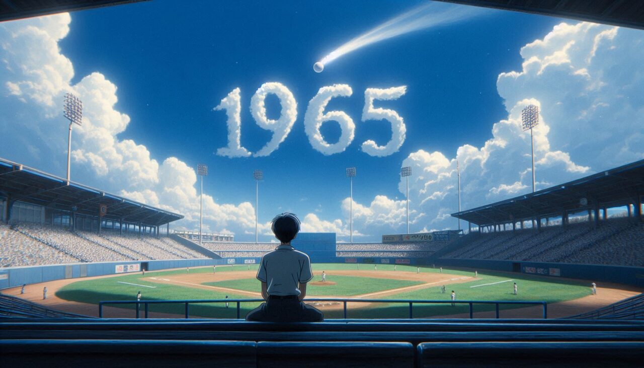 野球場のベンチに座る少女と空に浮かぶ1965の数字