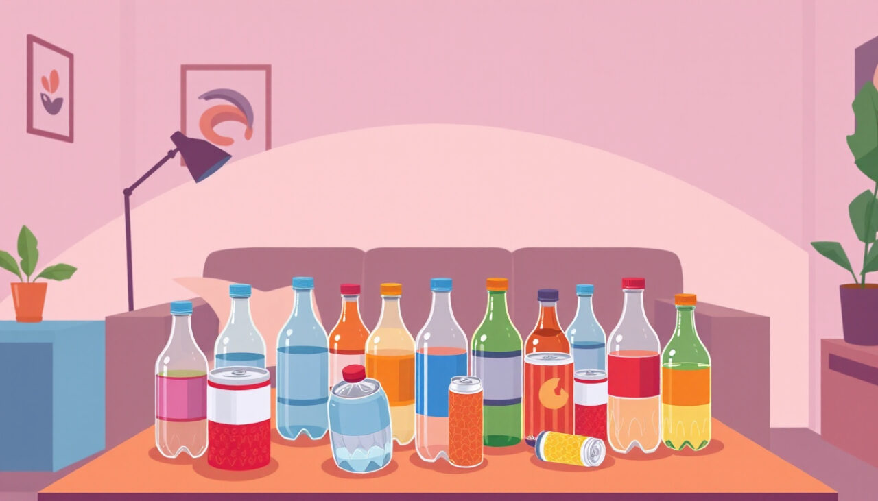 リビングのテーブルの上に置かれた大量の飲料のペットボトルや缶